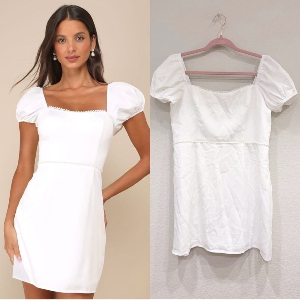 Size XL - NWOT Lulus Adorable Poise White Pearl Puff Sleeve Mini Dress‎